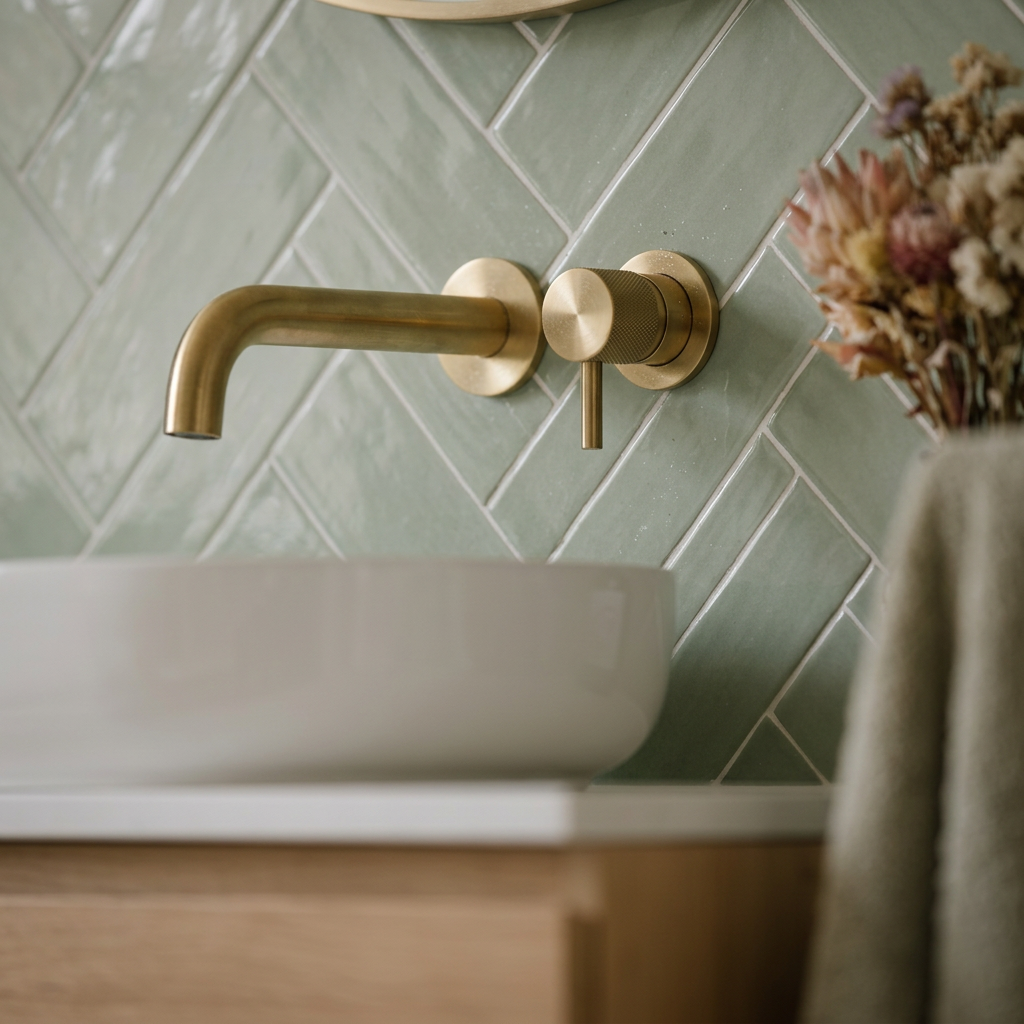Close-up of brushed brass tap on sage herringbone tiles